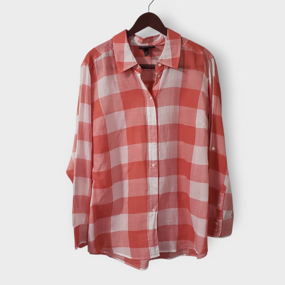 Lane Bryant‎ Orange White Gingham Check Plaid Button Up Shirt Sz 22/24 Roll Tab